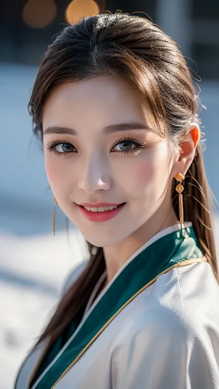 (1 girl, youthful gorgeous Lady,  brown_eyes, brown_hair, cross_earrings, earrings, jewellery, Ancient China, Traditional Hanfu, White Hanfu, Hanfu, natural pose in a snowy night,  

Detailed Beautiful face, Detailed Facial Features, beautiful eyes, dimple...