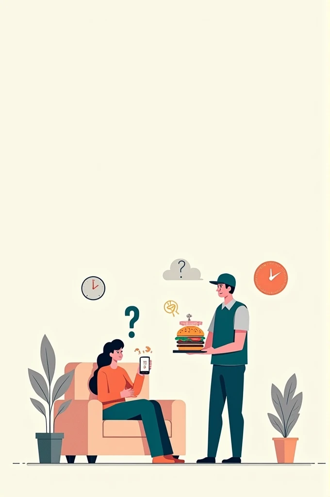 **Prompt:**

Create a minimalistic image showing a person sitting on a couch, looking puzzled while holding a phone displaying options for pizza and a burger. Next to them, a Swish delivery rider is handing over both items with a cheerful expression. Inclu...