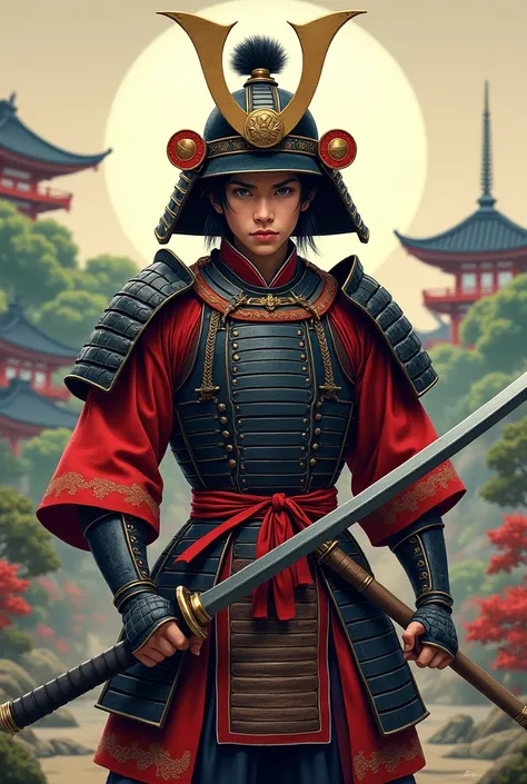 a young Japanese warrior in oriental armor with a helmet drawing