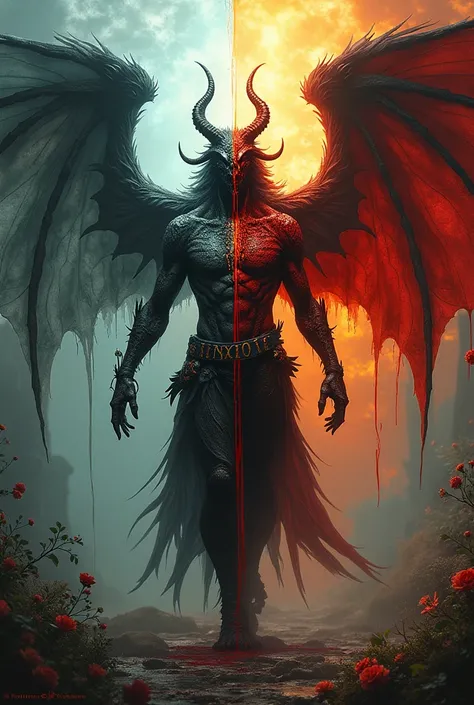 There is a white fantasy title "NAXZOSS" written on a half cutted white wing of a fairy and half cutted wing of a devil. The wings are covered with blood and fire. The background is half fairy land where fairies & some flowers and half background is devil ...