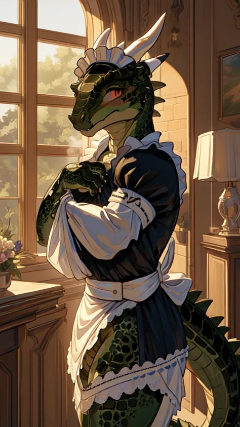 anime, hdr, soft light, ((best quality)), ((masterpiece)), (detailed), lustyargonian, maid, colored skin, green skin, maid headd...