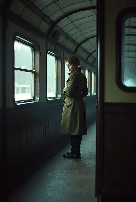 masterpiece, best quality,Soviet female soldiers，Steam locomotive interior，，World War II，TRAIN STATION，About to travel，dimly lit scene，Dim Lights，Snow outside the window