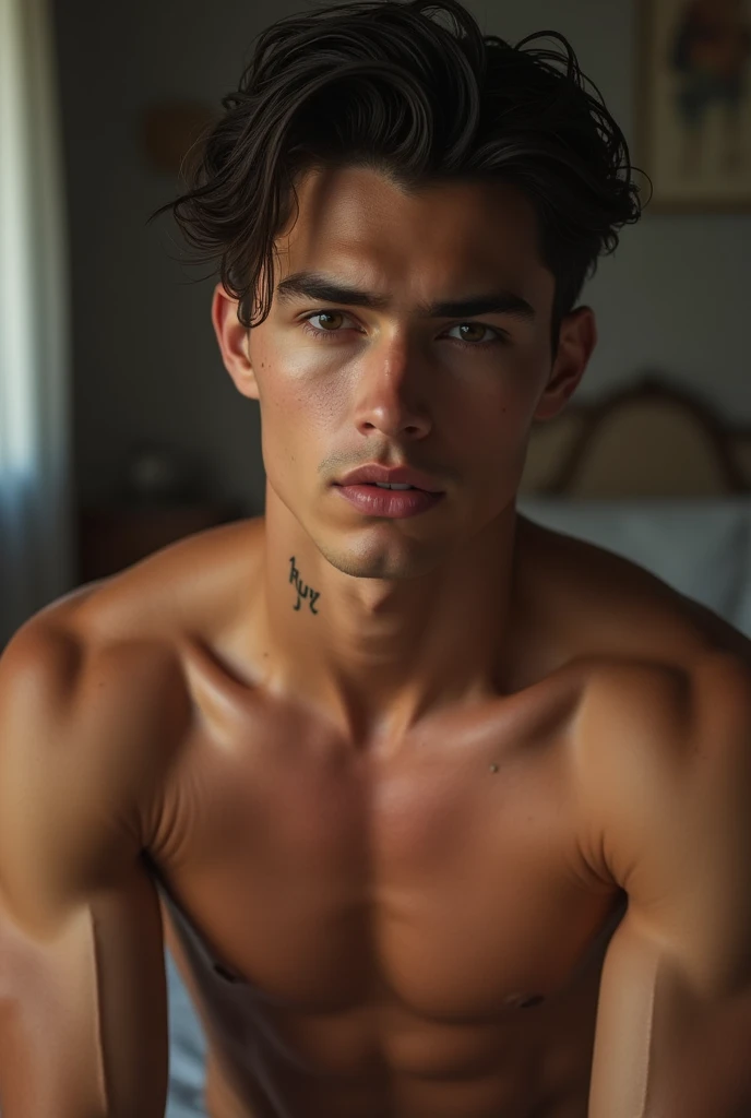 Young Handsome AI high quality realistic tattooed name “Ruy” small on muscular neck white skin tanned piercing gaze pink mouth with music bedroom background 