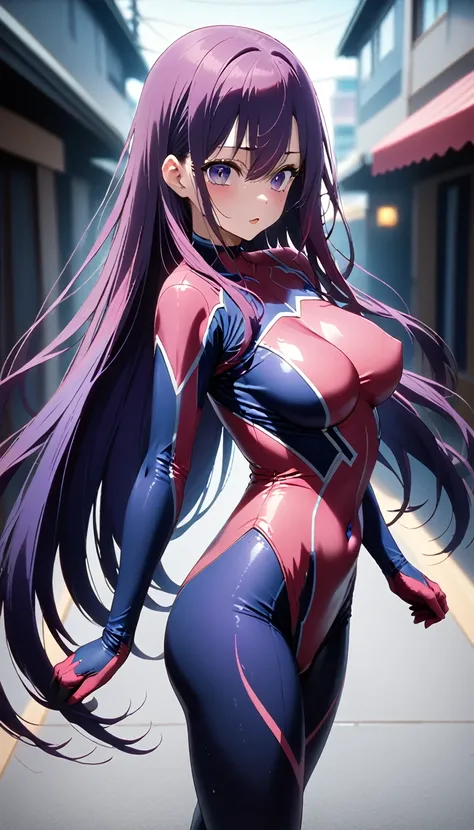 (Highest quality、Masterpiece、Very detailed、4K)、One Woman、、Purple Hair、Long Hair、(((Hoshino Ai)))、Are standing、Bodysuits