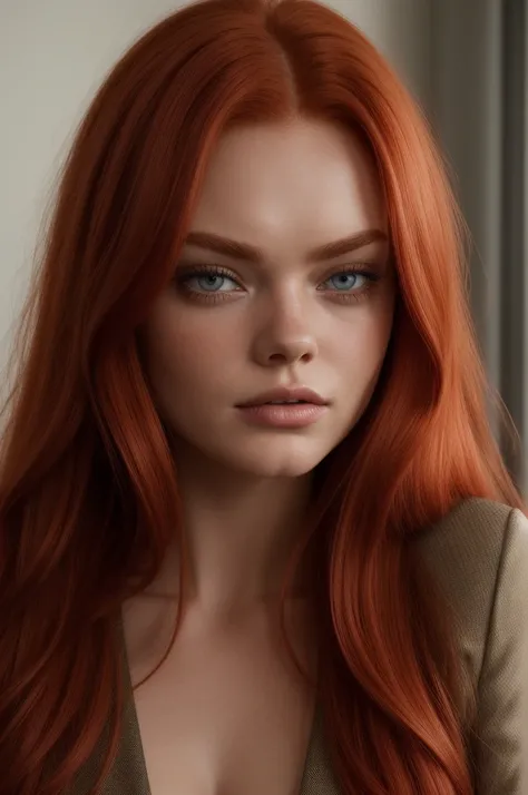 a close up of a woman with red hair and a suit, red hair and attractive features, samara weaving, samara weaving vampire, fiery red hair, copper hair, strong red hue, red dyed hair, she has long redorange hair, sadie sink, she has red hair, barbara palvin,...