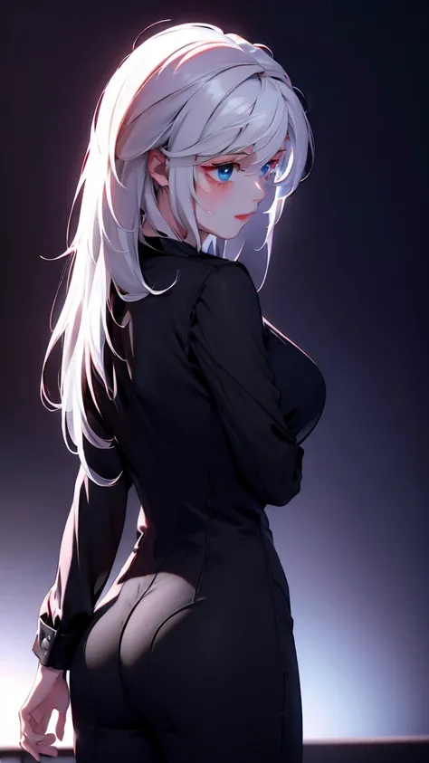 1 Girl, medium light white hair, light blue eyes, wearing Black Suit 4D , night club TOWN , high res, ultrasharp, 8K, masterpiece, looking from behind