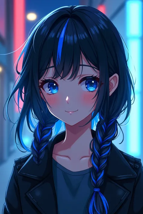 Novel cover of a black braided hair happy anime girl with blue streaks wearing a long sleeved black jacket. She also have blue eyes and shes still 15.