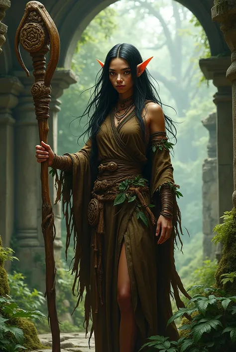 Create a dungeons and dragons character image of an older female native tribal elve mage with light brown skin, small lips, pointed ears long unkempt wild black hair in a brown and  green clothes made of leafs holding a wooden staff  in ruin in a forest