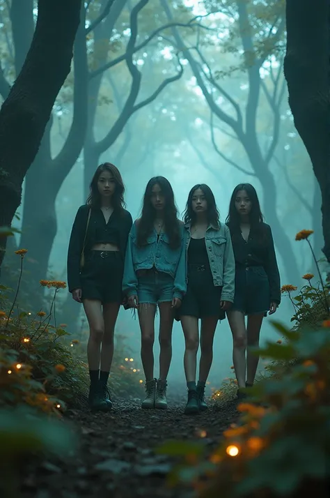 Im taking photos for a new concept album. Create a concept photo of a girl group lost in a strange forest