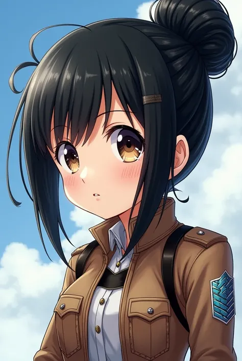 She has black hair tied up in a bun at the back。The antennae are curled up。With bangs。Fair skin。Height is 155 cm。Female, around 30 years old　Cute and childlike。Attack on Titan style illustration。Research Corps
