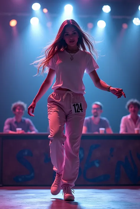 a woman wearing tshirt and sweat pant, long hair, dancing, number sticker on tshirt, on stage in bright white light, judges sitting at front