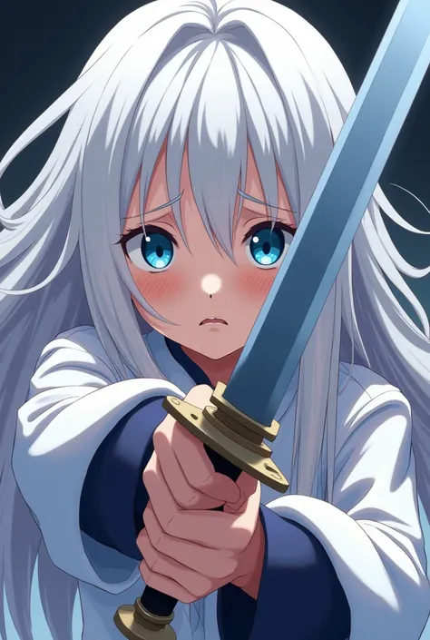 Novel cover of a nervous looking anime girl holding a sword. She has a long white hair with blue eyes.