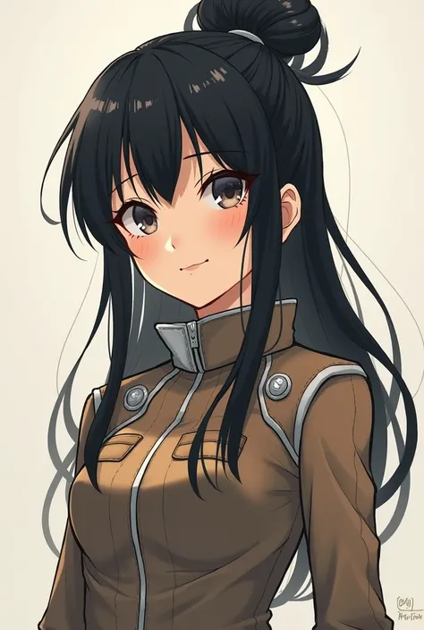 She has black hair tied up in a bun at the back。The antennae are curled up。With bangs。Fair skin。Height is 155 cm。Female, around 30 years old　Cute and childlike。Attack on Titan style illustration。Research Corps　Attack on Titan anime style illustration
