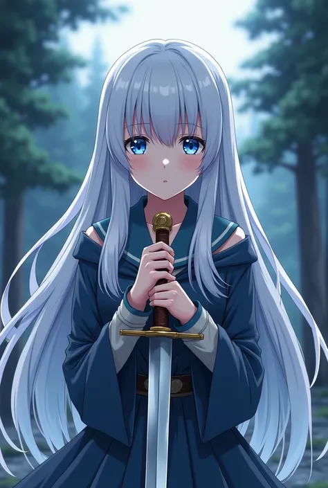 Novel cover of a nervous looking anime girl holding a sword. She has a long white hair with blue eyes. (Full body with background)