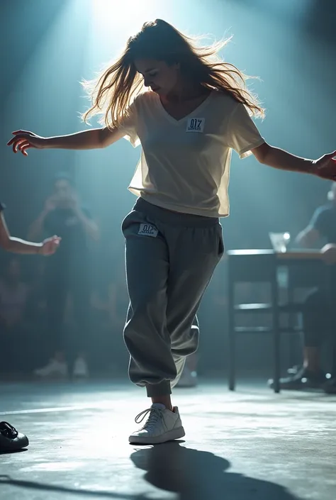 a woman wearing tshirt and sweat pant, long hair, dancing, number sticker on tshirt, on stage in bright white light, judges sitting at front