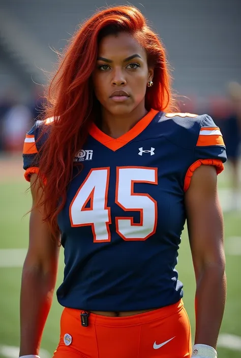 A photo of Rachelle Jackson, a Linebacker for the female Syracuse Orange football team. Number 45. Dark red hair