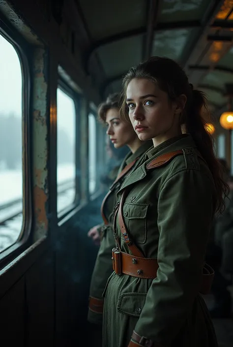 masterpiece, best quality,Soviet female soldiers，Steam locomotive interior，，World War II，TRAIN STATION，About to travel，dimly lit scene，Dim Lights，Snow outside the window