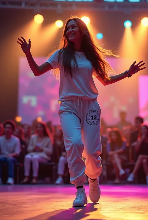 a woman wearing tshirt and sweat pant, long hair, dancing, number sticker on tshirt, on stage in day light, judges sitting at front