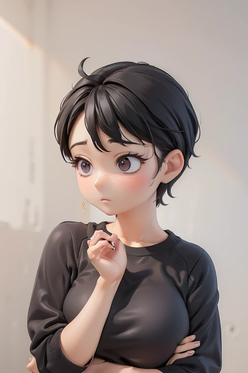 30-year-old woman、Mother,Married women,,Black Hair,Shortcuts、Short Hair、Casual wear、Calm appearance、sweater、shirt、Clothing Pattern、Clothing design、whole body、
