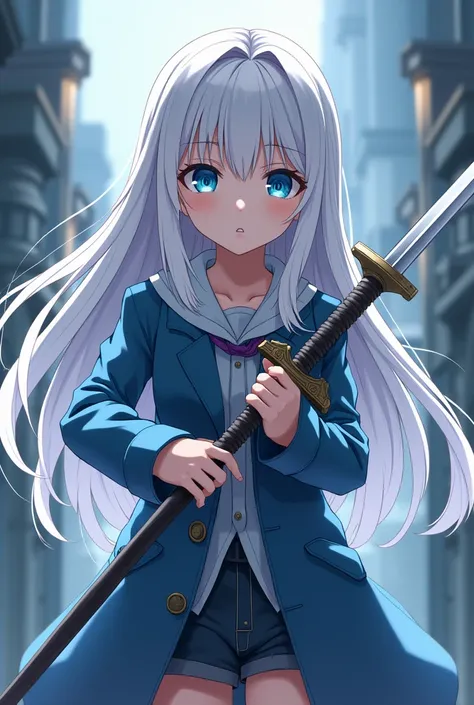 Novel cover of a nervous looking anime girl holding a sword. She has a long white hair with blue eyes. (Full body with background)