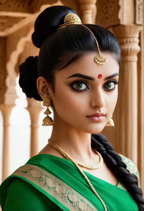 Girl wearing green saree,having black hair ,black eyes , top knot hairstyle 