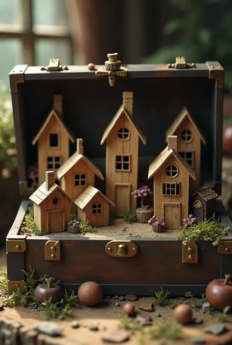 A large, old chest with the door open. Inside the chest there are houses built with popsicle sticks to house little adult men measuring 5 cm tall..