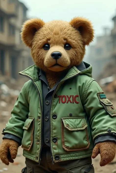 I WANT you to take a picture of a war teddy bear with a light green jacket that says toxic 