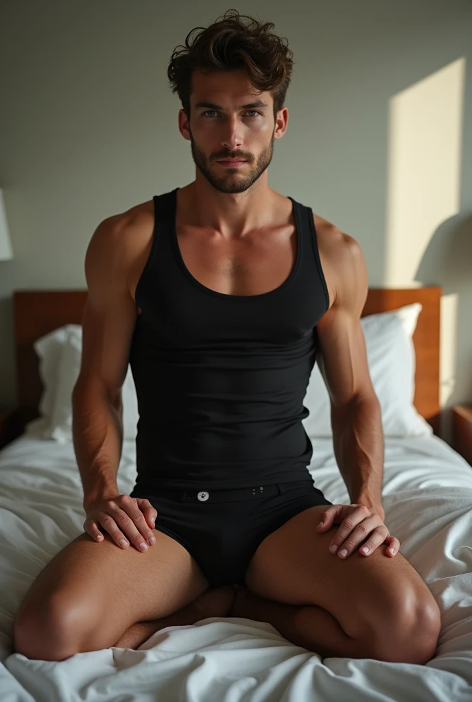 A man in black trunk underwear in bed room and were black tank top under vest in day full lights full body photo