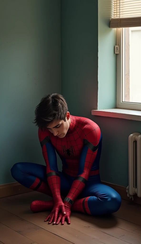 Peter Parker sits in a corner of his room, his head between his legs, sad and depressed.