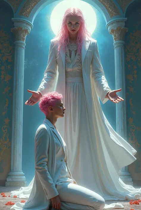 Copped with blue eyes, pink hair and a white suit holding an arrow kneeling before the god of love with a sexy appearance