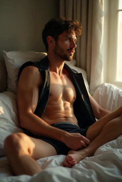 A man in black trunk underwear in bed room and were black tank top under vest in day full lights