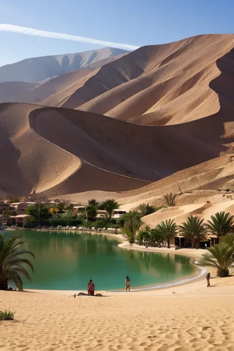 An oasis in the desert,A small town surrounding an oasis,Huacachina, Peru,An oasis seen from afar on the hills