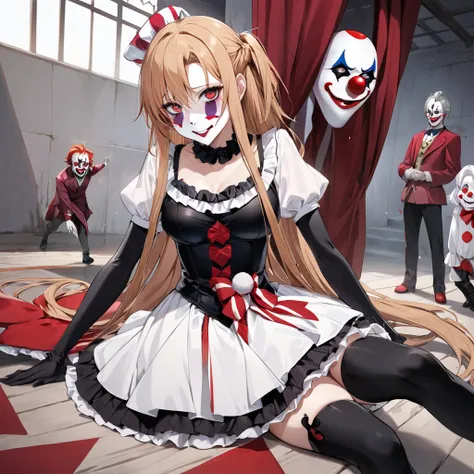 ((Highest quality)), ((masterpiece)), (detailed), （Perfect Face）、((The woman is Yuuki Asuna, with light brown, medium-long hair, pure white skin, and a creepy clown mask.))、The woman is a creepy, evil clown wearing a risqué black rubber V-neck leotard outf...