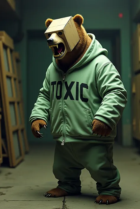 I WANT you to take a picture of a bear with a cardboard head that is at war with a light green jacket that says toxic and green pants