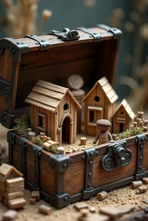 a large, old chest with open door. Inside the chest are houses built with popsicle sticks to house 5 cm tall adult men. Put in the image a little black adult man working in one of the houses