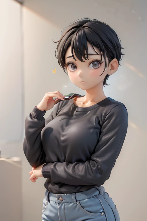 30-year-old woman、Mother,Married women,,Black Hair,Shortcuts、Short Hair、Casual wear、Calm appearance、sweater、shirt、ポロshirt、Clothing Pattern、Clothing design、whole body、
