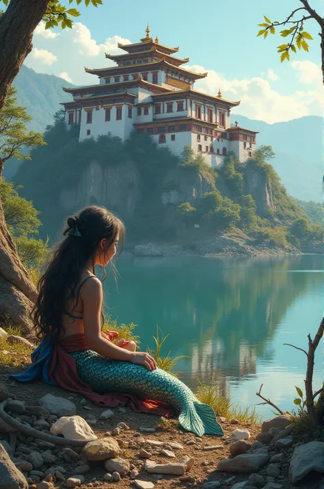 Bhutanese fortress surrounded by the lake with beautiful mermaid looking at the poor bhutanese dump boy