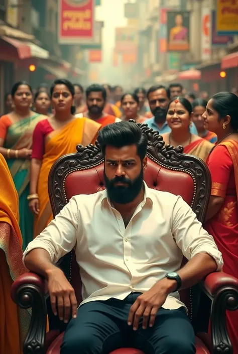 Backround full of cutout and banners of movie poster a man wearing white shirt sitting in king chair dark hair and beard dramatic atmosphere surrounded by tamilnadu people 