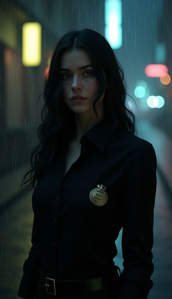 A woman wearing a black shirt with a long wavy black hair and wearing a detective member sign