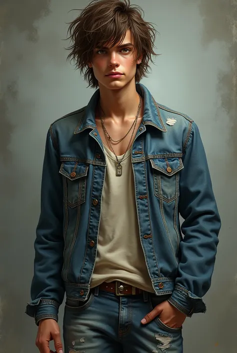 A teenage man with unruly brown hair, wearing a denim jacket and jeans, rocker, fundo cinza