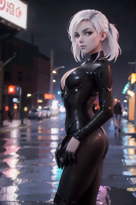 ((ultra detailed, masterpiece, best quality))
 starmerrin, 1girl, solo, white hair, beneath the neon lights of a cyberpunk city,...