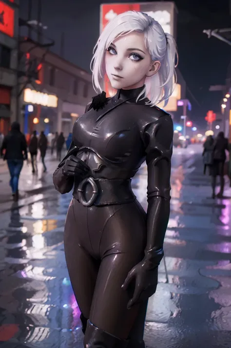 ((ultra detailed, masterpiece, best quality))
 starmerrin, 1girl, solo, white hair, beneath the neon lights of a cyberpunk city,...