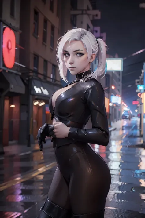 ((ultra detailed, masterpiece, best quality))
 starmerrin, 1girl, solo, white hair, beneath the neon lights of a cyberpunk city,...