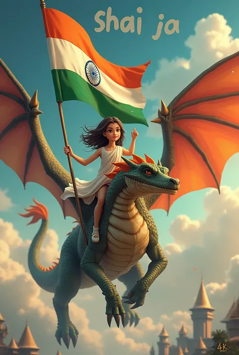 Prompt “Illustration with an Indian flag in hand of beautiful girl. A ferocious dragon caring her. The text "Shailja" waving and she has Indian tricolor wings. ‘Create a 3D illusion profile picture in 4K.”