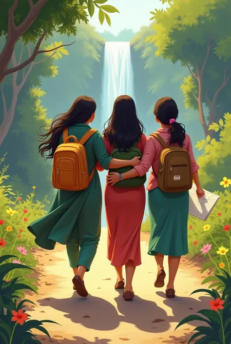 The friends walking back towards the village, with the hidden waterfall in the distance. Mousumi is holding a small flower she picked, Priya is looking at the map, and Nabanita is walking between them, arms around their shoulders. The scene captures their ...