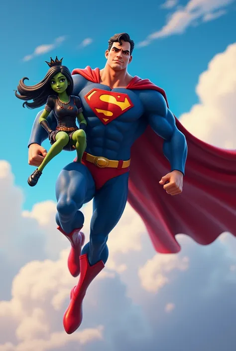 Un superman dans les airs qui porte une fille avec la peau verte les cheveux noires et une tenue noire avec une couronne noire sur la tête dans le style de fortnite