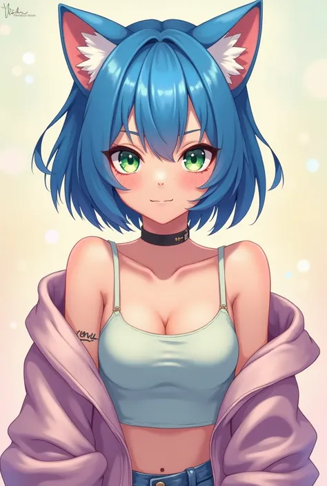 Upper Body,Absurd,Green Eye Background,View your viewers,cardigan,One girl,short hair,Exposing shoulders,alone,Animal ears,Blue Hair,Jacket,Crop top,Off the shoulder,Tilt your head,Cute cat ears, pastel colored anime background, no exposed breasts