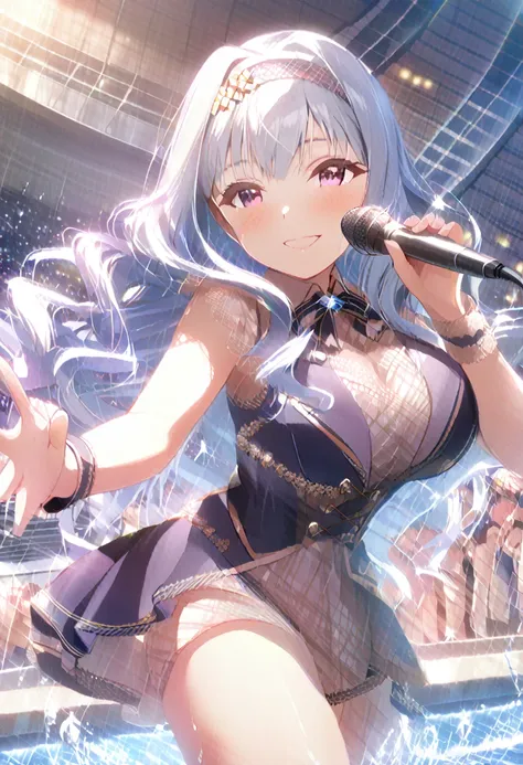 masterpiece、high resolution、Game CG、High definition、(Shijou Takane、Gray-blue hair、Wavy Hair、Purple eyes、Idol Master)、Headband、hair ornaments、Idol Costumes、Wet clothes、see-through、water、Outdoor Stage、smile、dance、Screen image、Best lighting、Large Breasts、bell...