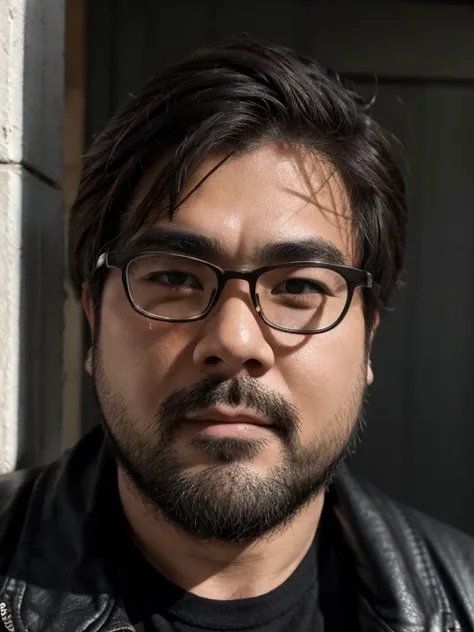 (Yossan), beard, Glasses, obesity, Black Leather Jacket, hard boiled, Messy Hair, Strong gaze, shadow, Monochrome