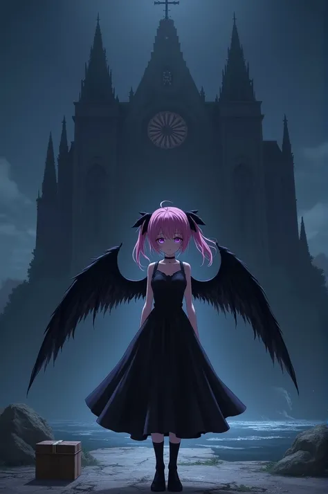 Ultra-high resolution, masterpiece, Highest quality, Very detailed, Anatomically correct, Sharp focus, Midnight, church , Island Altar, One person, alone, Cami Love, Pink Hair, short hair, Shoulder-length hair, black head wings, Twin tail hair, Purple eyes...